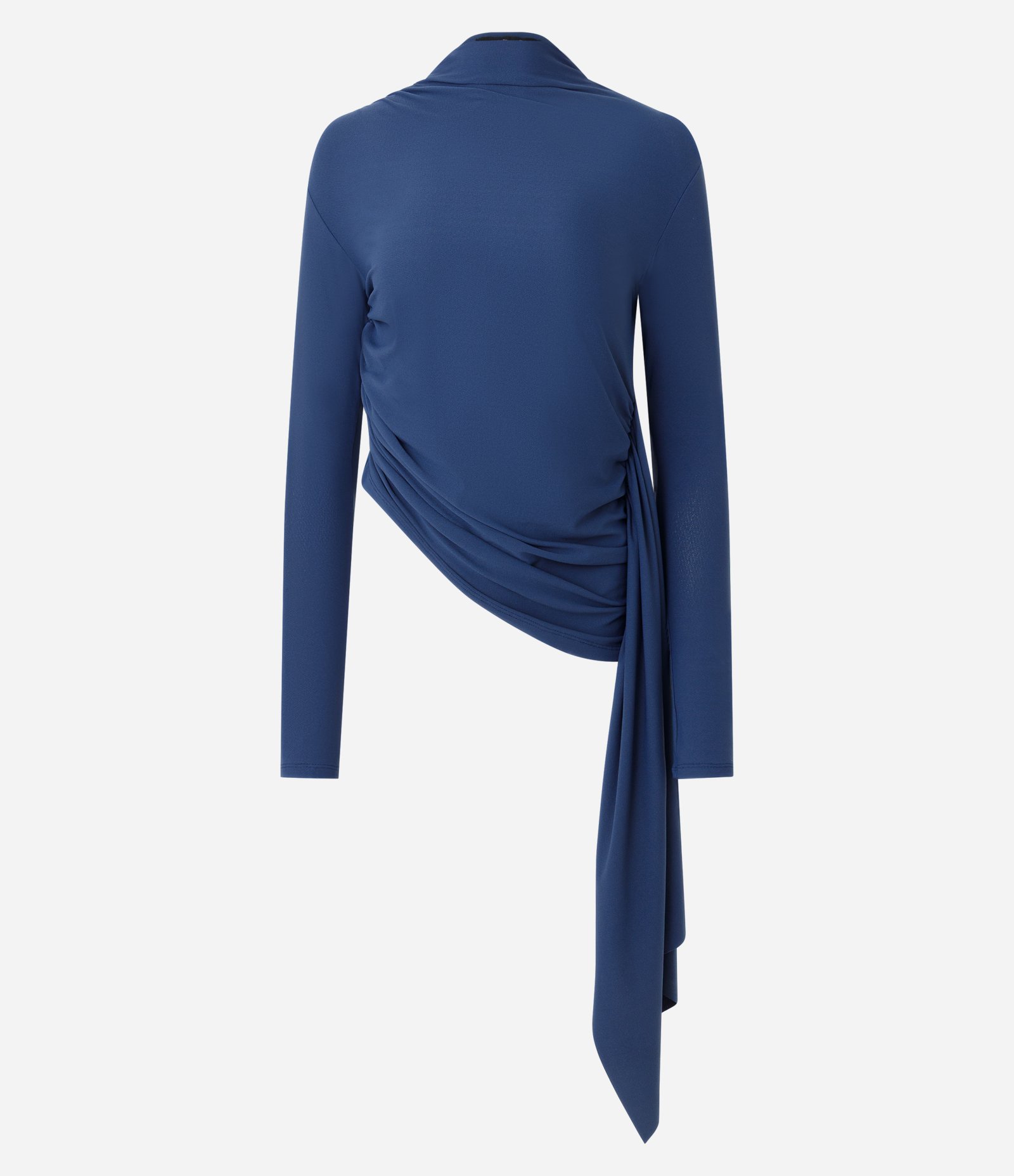 Blusa Feminina Manga Longa Gola Alta com Drapeado Assimétrico Azul 5