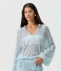 Blusa Bata em Renda Brilhosa com Amarração no Decote