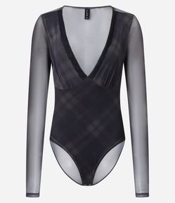 Body em Tule Xadrez com Decote V Rendado