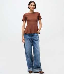 Blusa Peplum em Ponto Roma e Gola Redonda