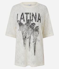 Blusa em Renda com Estampa Tropical e Lettering Latina