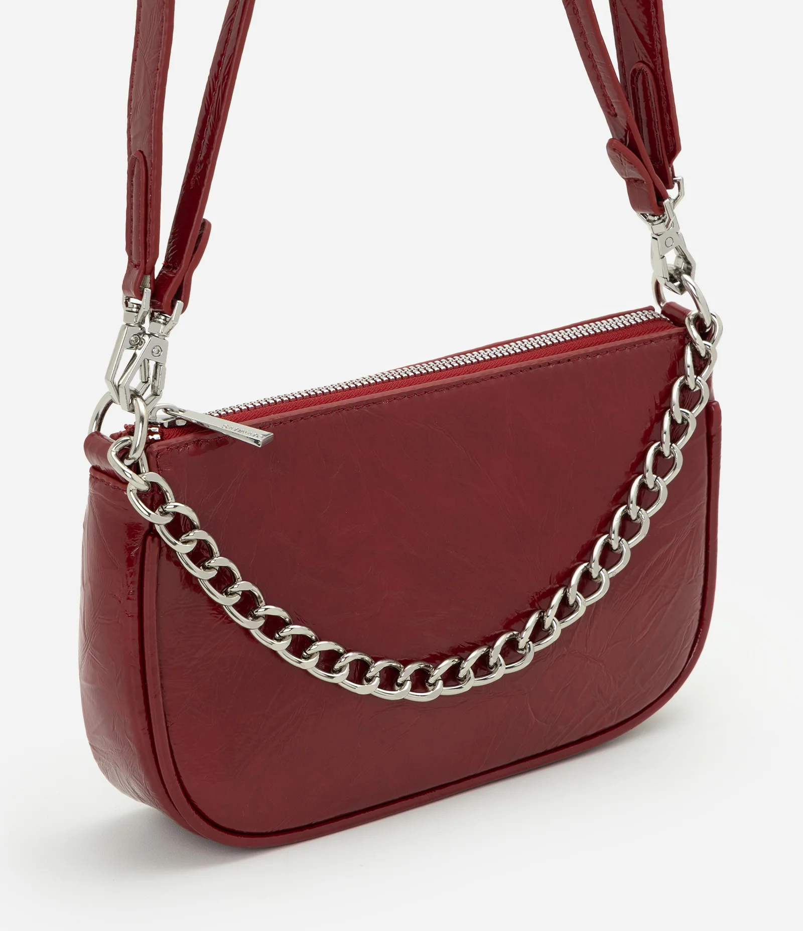 Bolsa Baguete Pequena em PU com Alça Longa e Corrente em Metal Vermelho 1