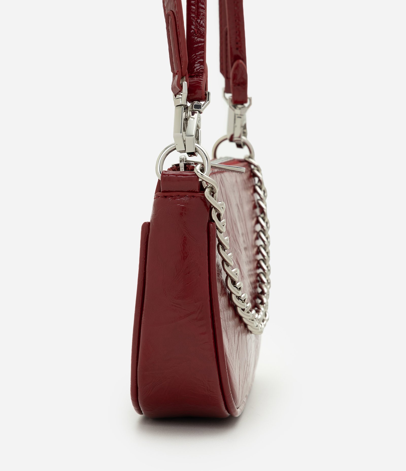 Bolsa Baguete Pequena em PU com Alça Longa e Corrente em Metal Vermelho 2