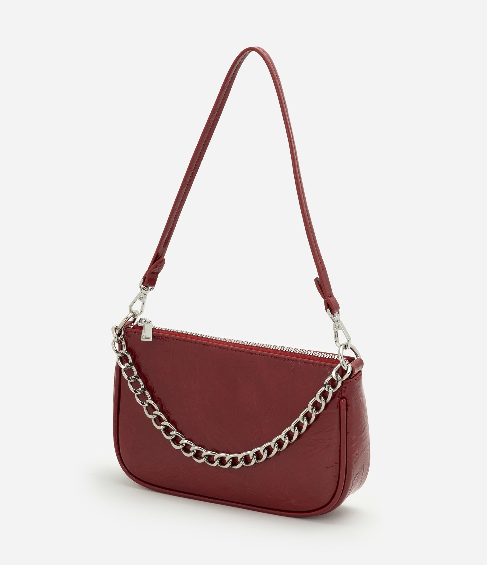 Bolsa Baguete Pequena em PU com Alça Longa e Corrente em Metal Vermelho 4