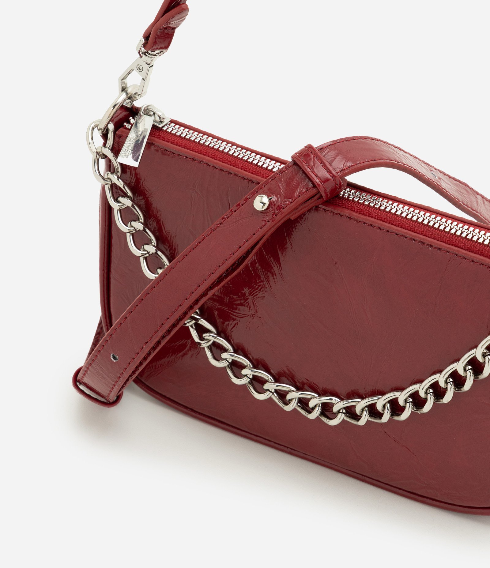 Bolsa Baguete Pequena em PU com Alça Longa e Corrente em Metal Vermelho 5