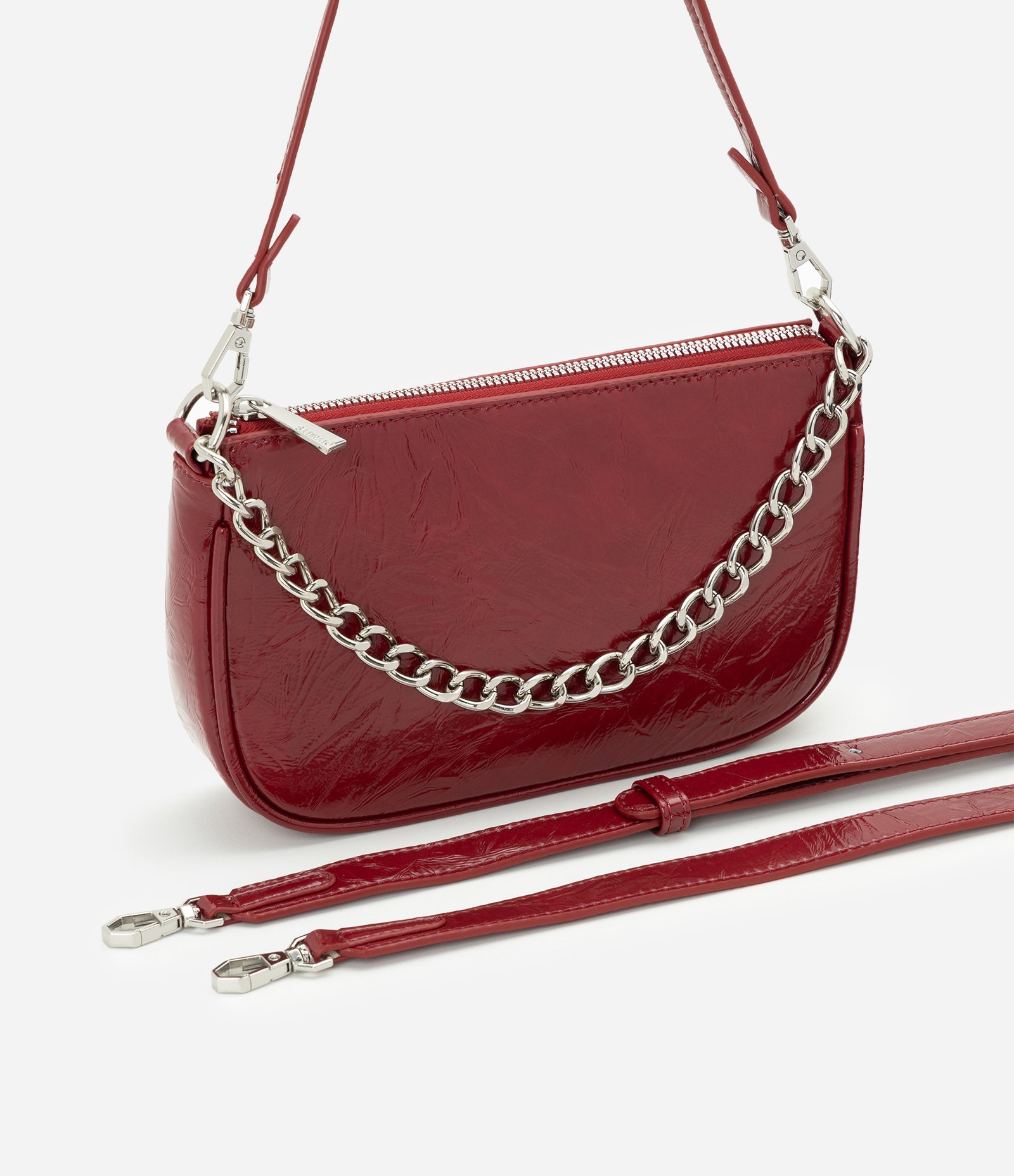 Bolsa Baguete Pequena em PU com Alça Longa e Corrente em Metal Vermelho 7