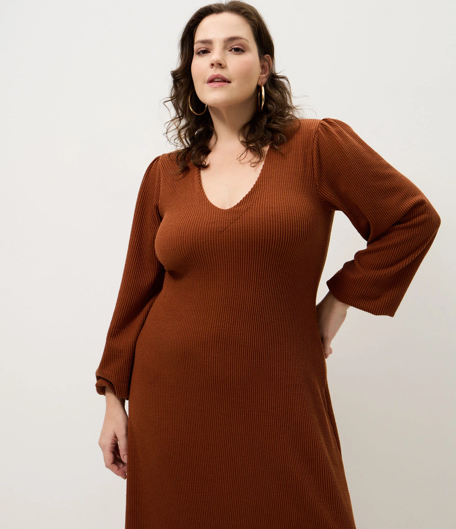 Vestido Midi Sorella com Manga Bufante Curve & Plus Size Marrom 2
