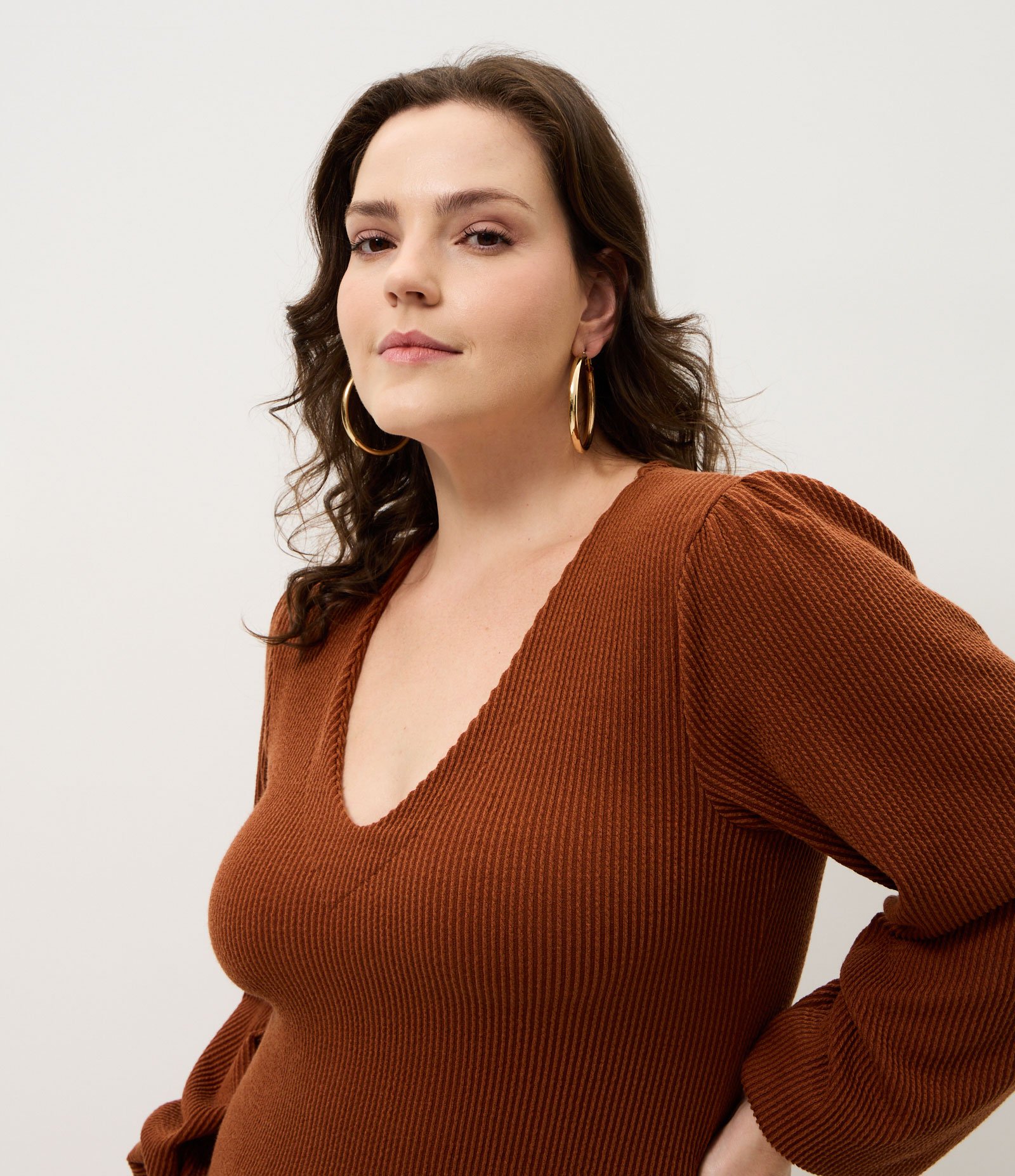 Vestido Midi Sorella com Manga Bufante Curve & Plus Size Marrom 3