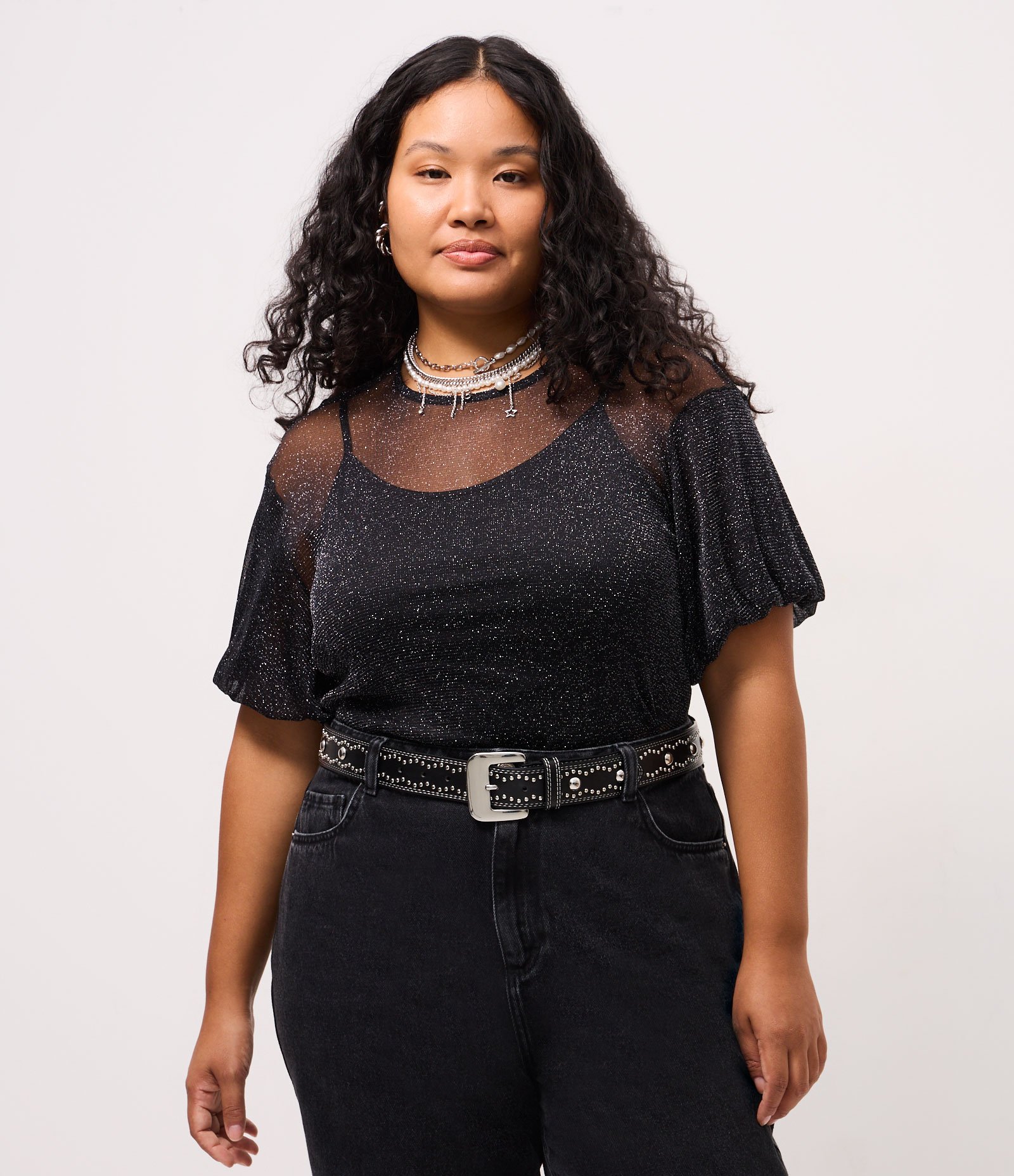 Blusa em Tule Brilhante com Mangas Balonê Curve & Plus Size Preto 1
