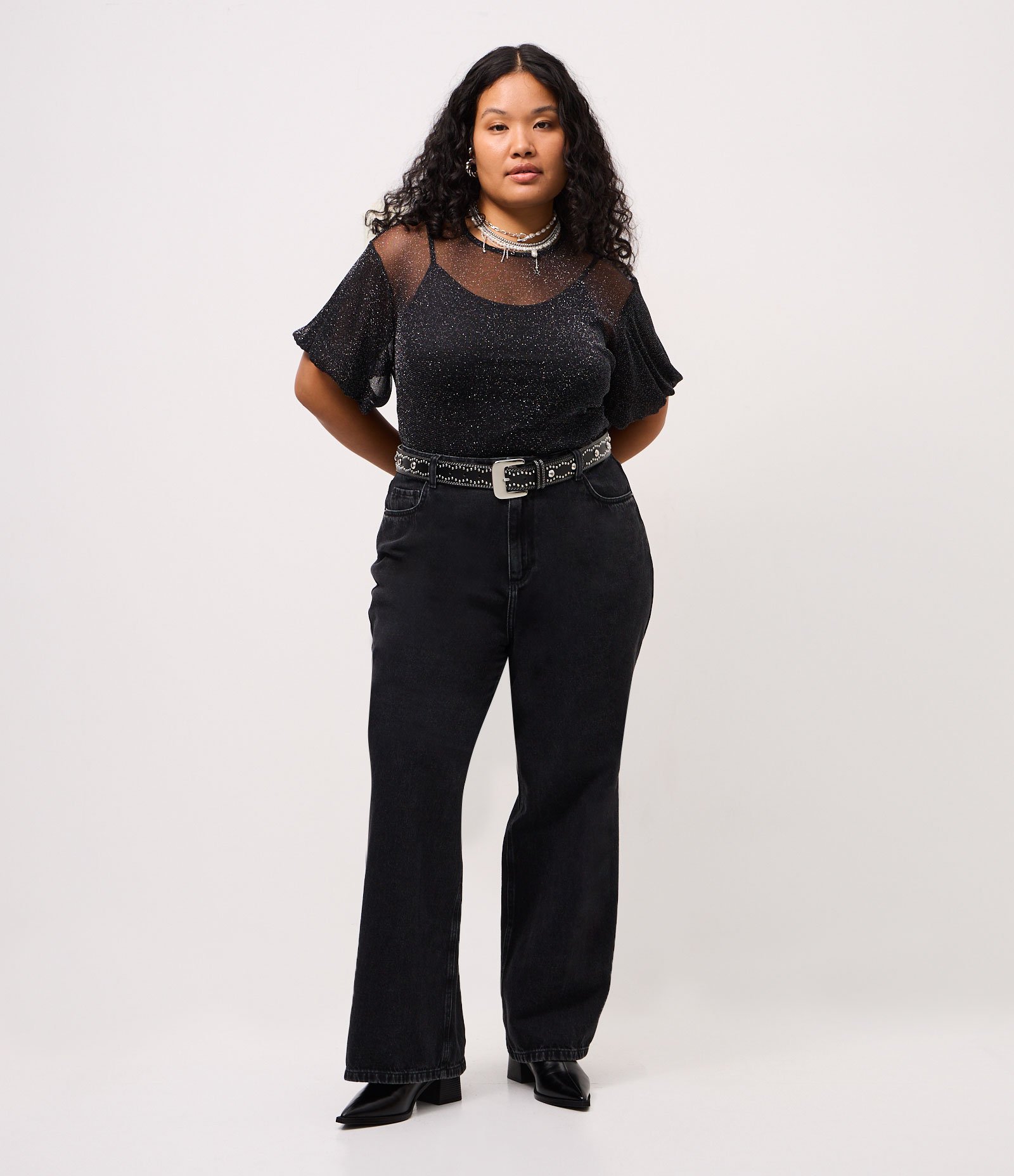 Blusa em Tule Brilhante com Mangas Balonê Curve & Plus Size Preto 2
