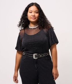 Blusa em Tule Brilhante com Mangas Balonê Curve & Plus Size