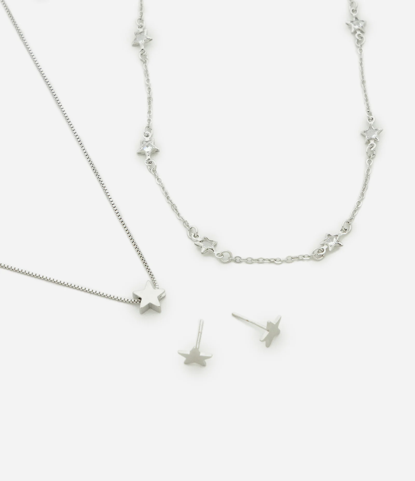 Conjunto de Colar Camadas e Brincos com Formato Estrela Prata 1