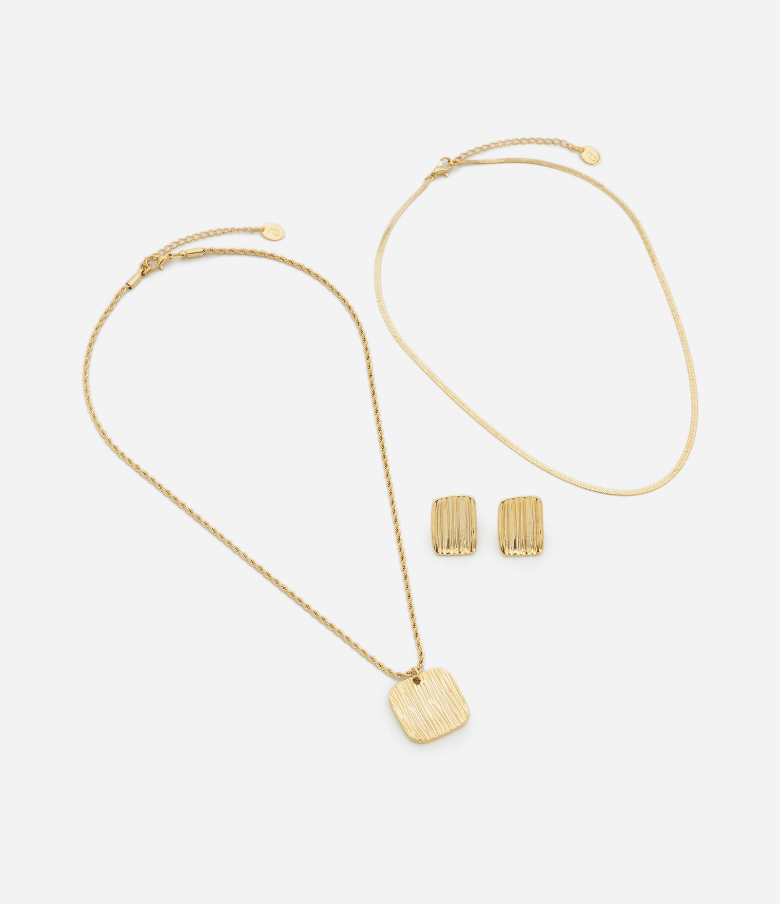 Conjunto Colar Camadas e Brincos com Pingente Texturizado Dourado 2