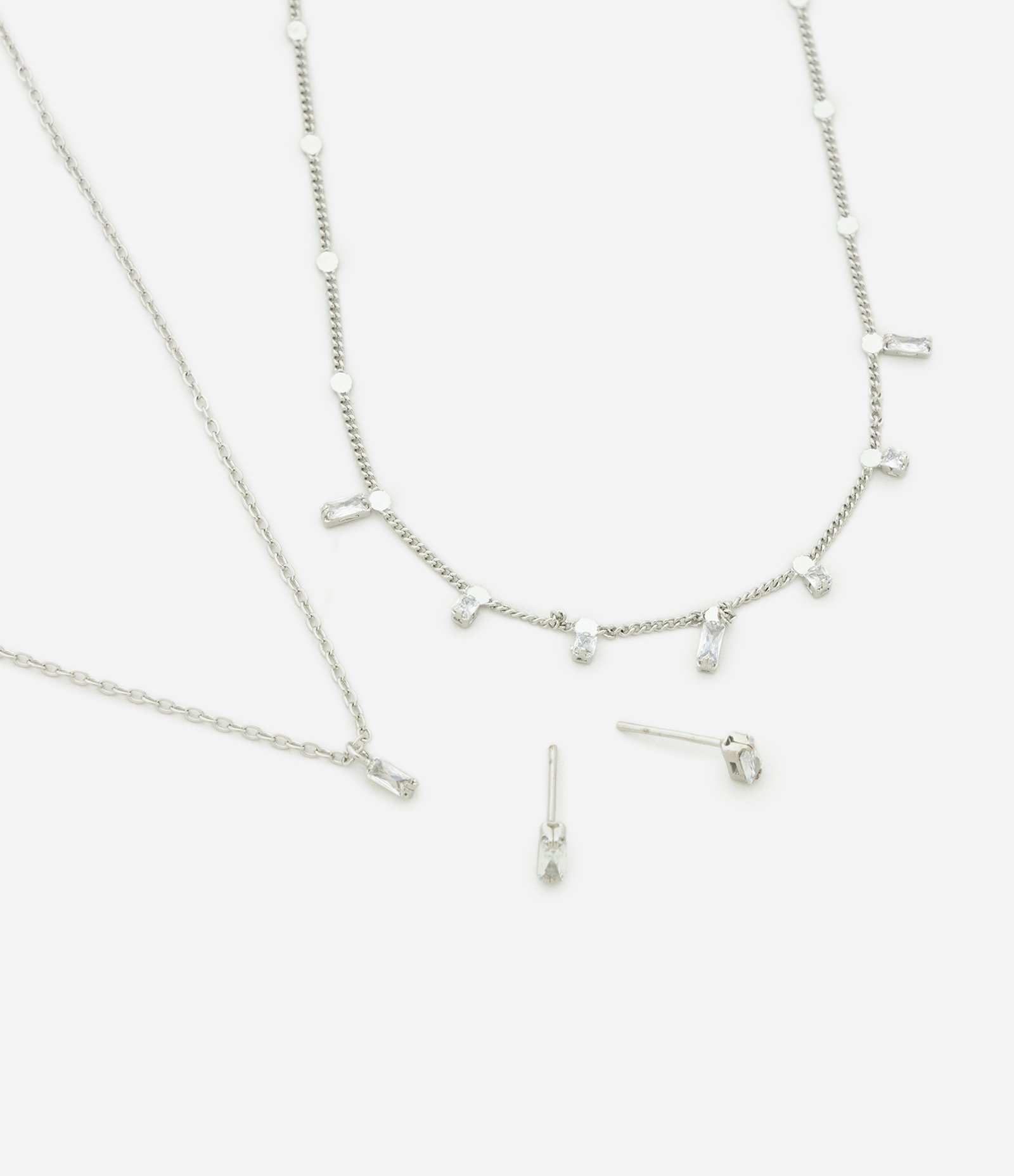 Conjunto Colar Camadas com Pingentes e Brincos Ponto de Luz Prata 1