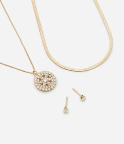 Conjunto Colar Duas Camadas e Brinco Ponto de Luz em Zircônia