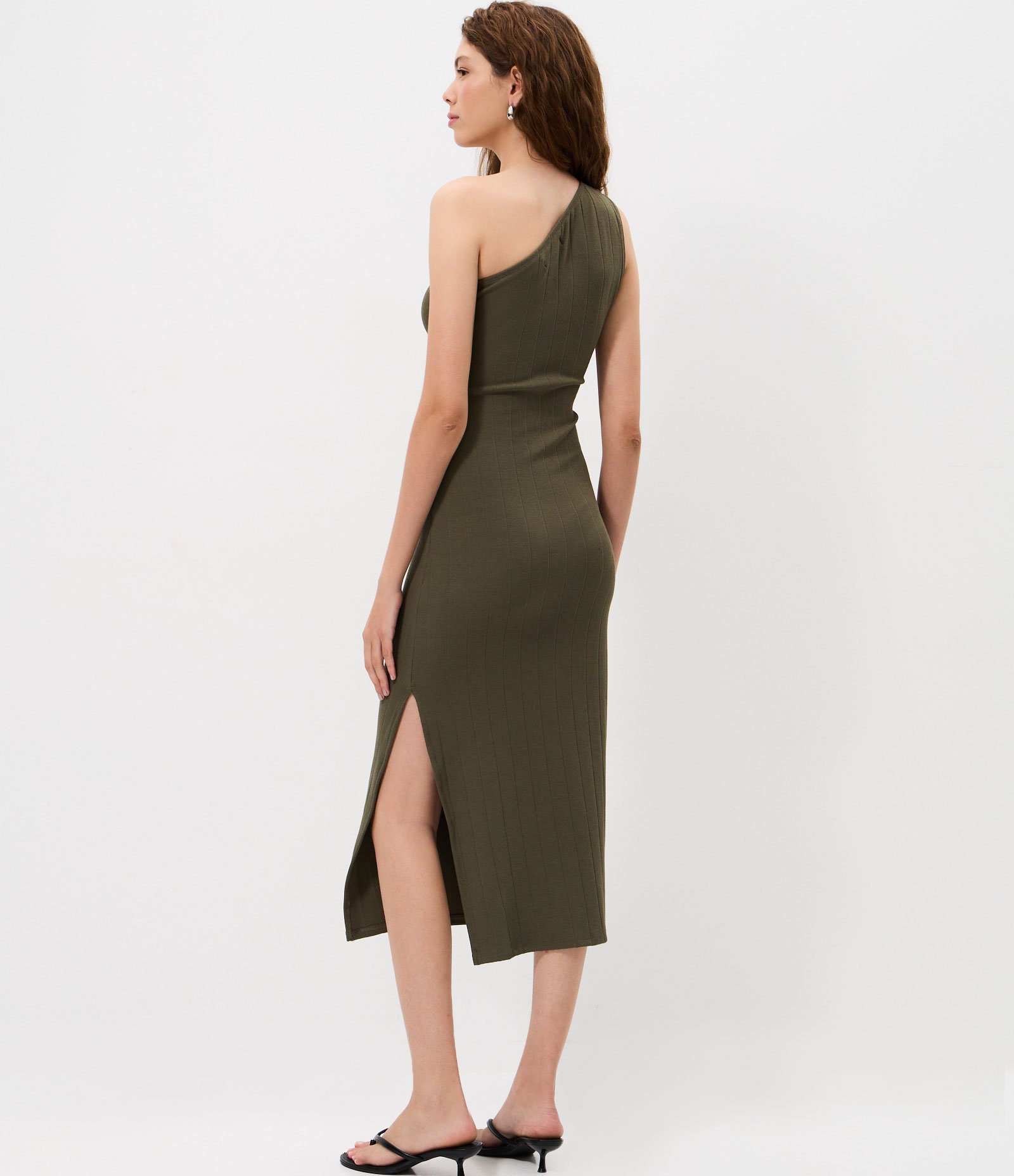 Vestido Midi em Ribana Texturizada de Ombro Único com Fenda Lateral Verde 4