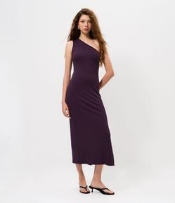 Vestido Midi em Ribana Texturizada de Ombro Único com Fenda Lateral