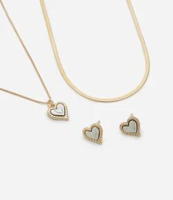 Conjunto de Colar Camadas e Brincos com Pingente de Coração