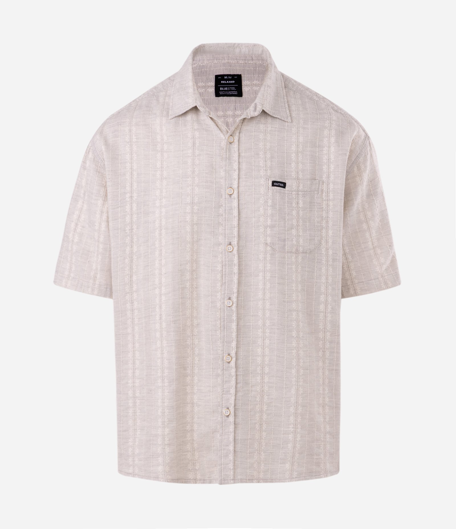 Camisa Boxy Jacquard Listrada Manga Curta Bege 1