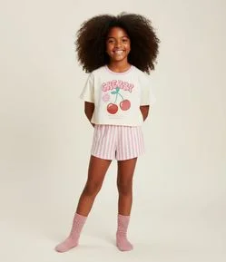 Pijama Infantil Blusa com Estampa Cereja e Short Listrado – Tam 7 a 16 Anos