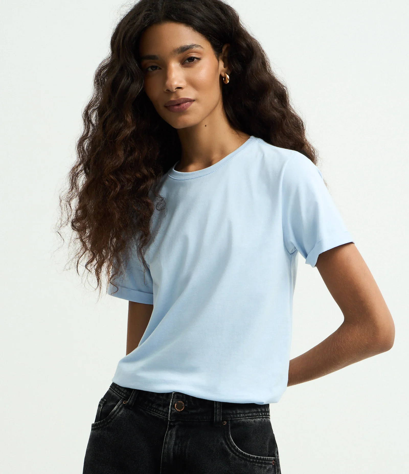 Camiseta Regular em Algodão com Manga Dobrada Azul Claro 1