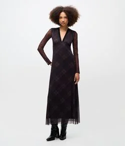 Vestido Midi em Tule Xadrez com Decote V