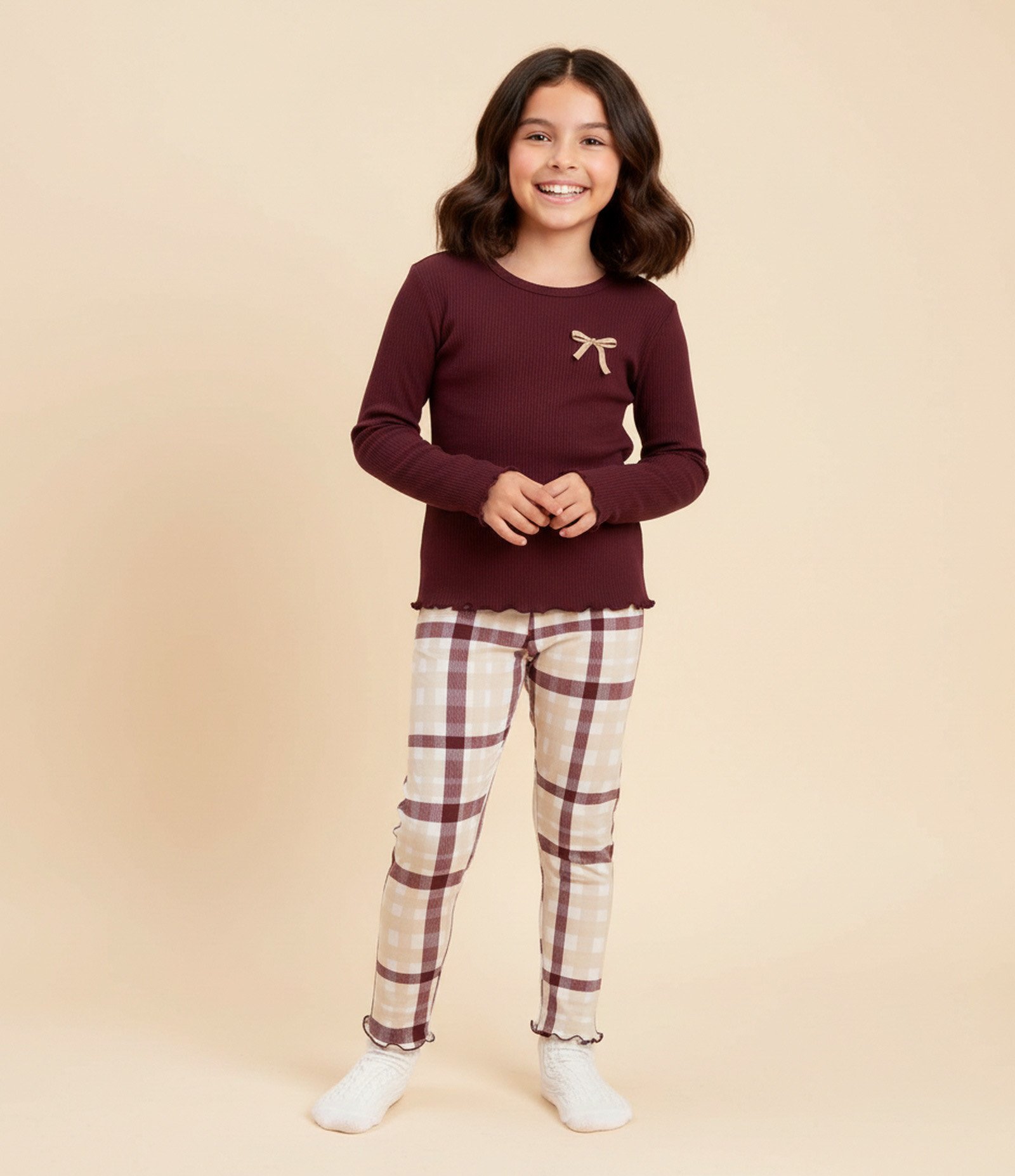 Pijama Infantil Blusa Manga Longa e Calça Xadrez – Tam 2 a 14 Anos Vinho/Bege 1
