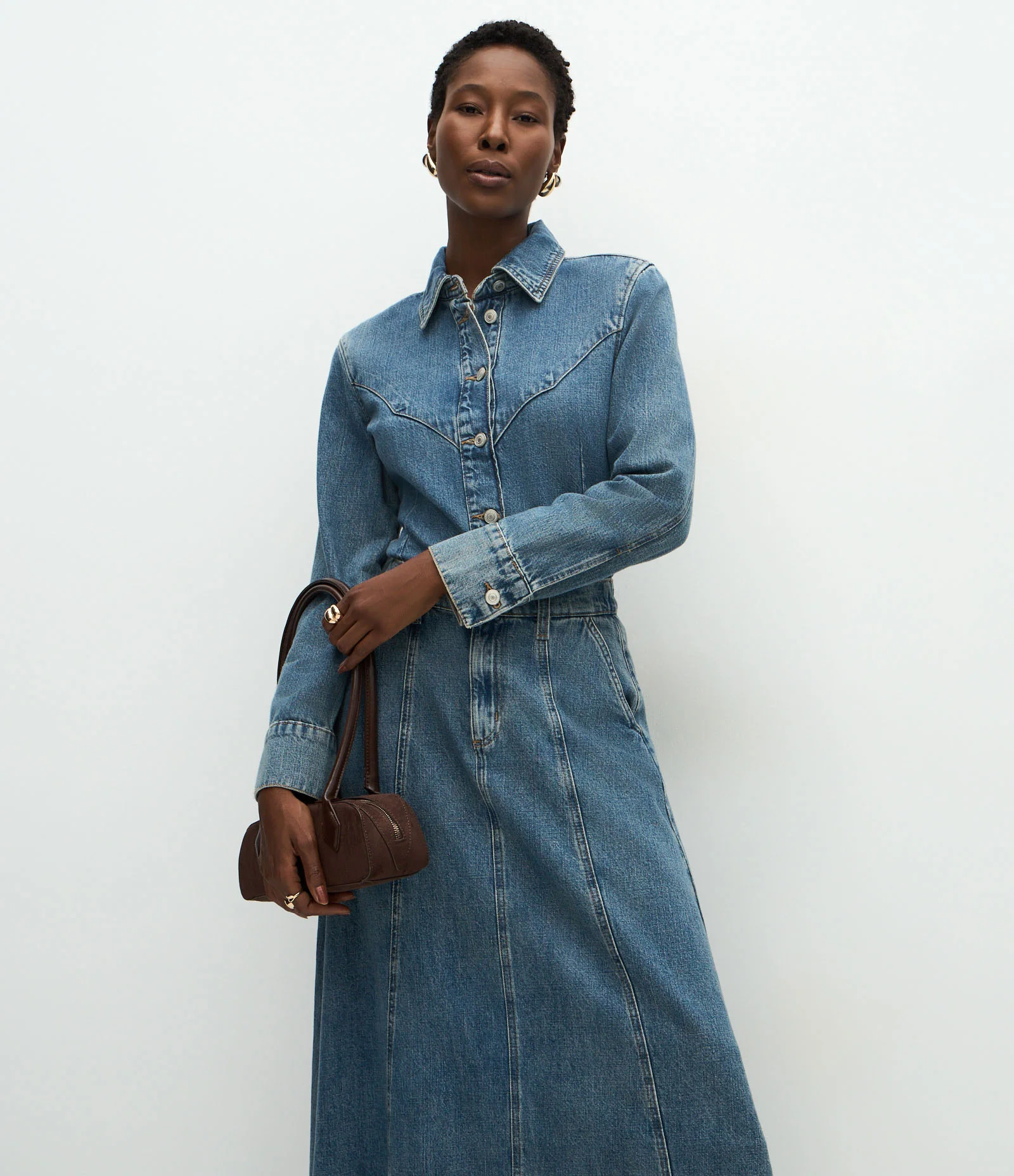 Saia Evasê Jeans com Cintura Alta e Recortes Marcados Azul 2