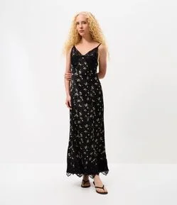 Vestido Midi em Cetim com Estampa Floral e Detalhe em Renda