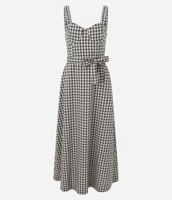 Vestido Reto Longo em Sarja Xadrez Vichy com Amarração