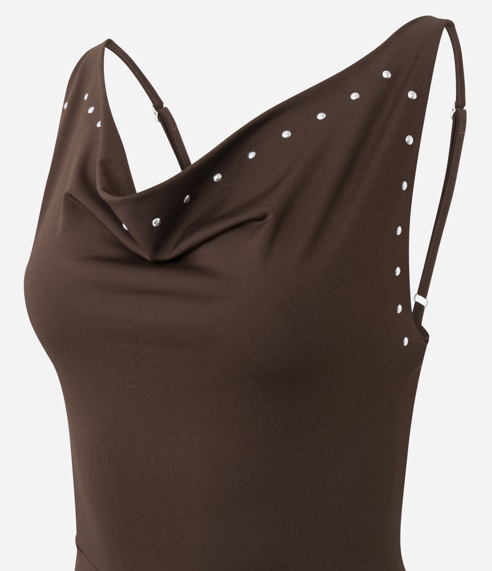 Vestido Midi com Decote Degagê e Tachas Marrom 3