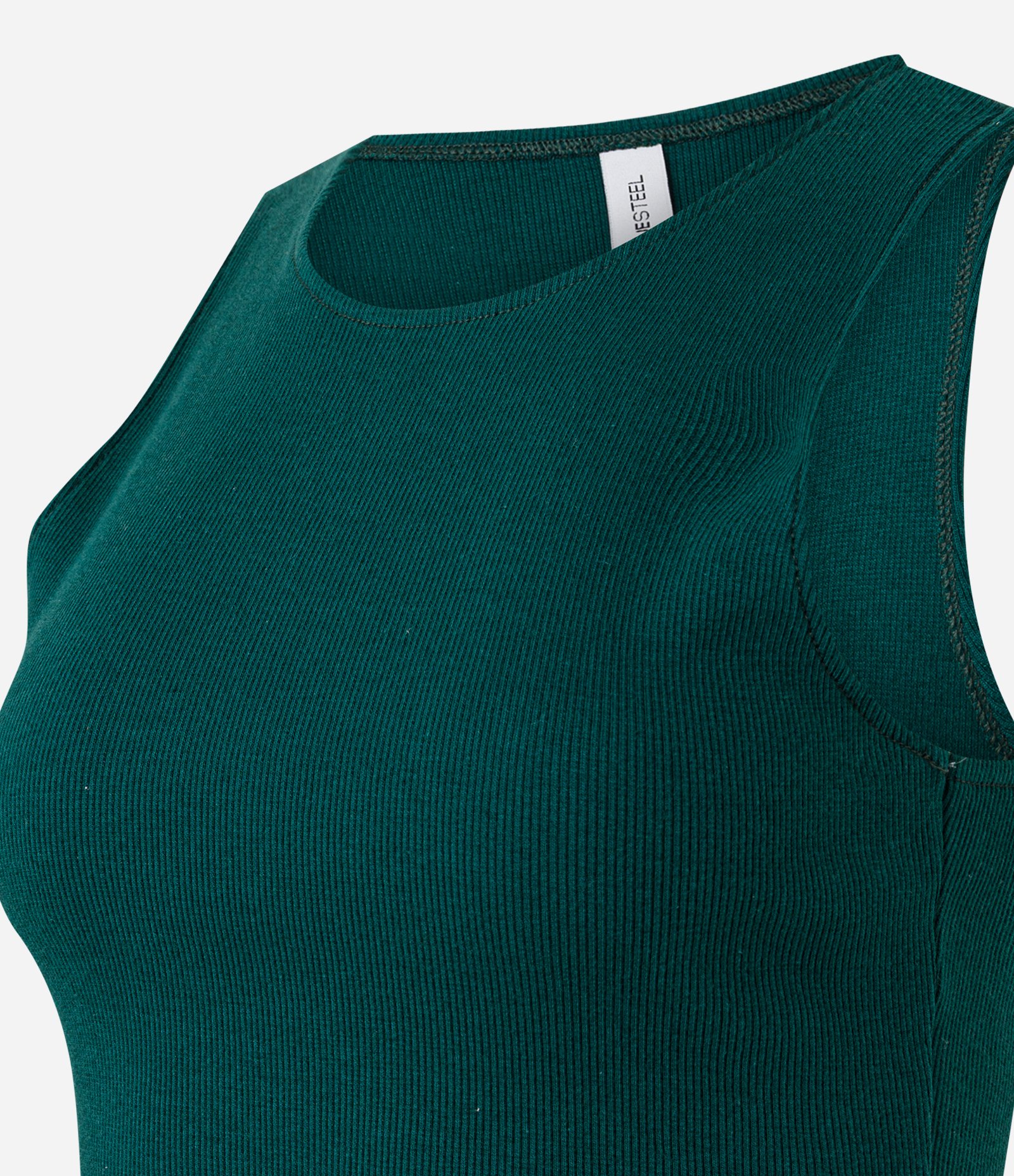 Blusa Cropped sem Manga em Algodão com Textura Canelada Verde Escuro 6