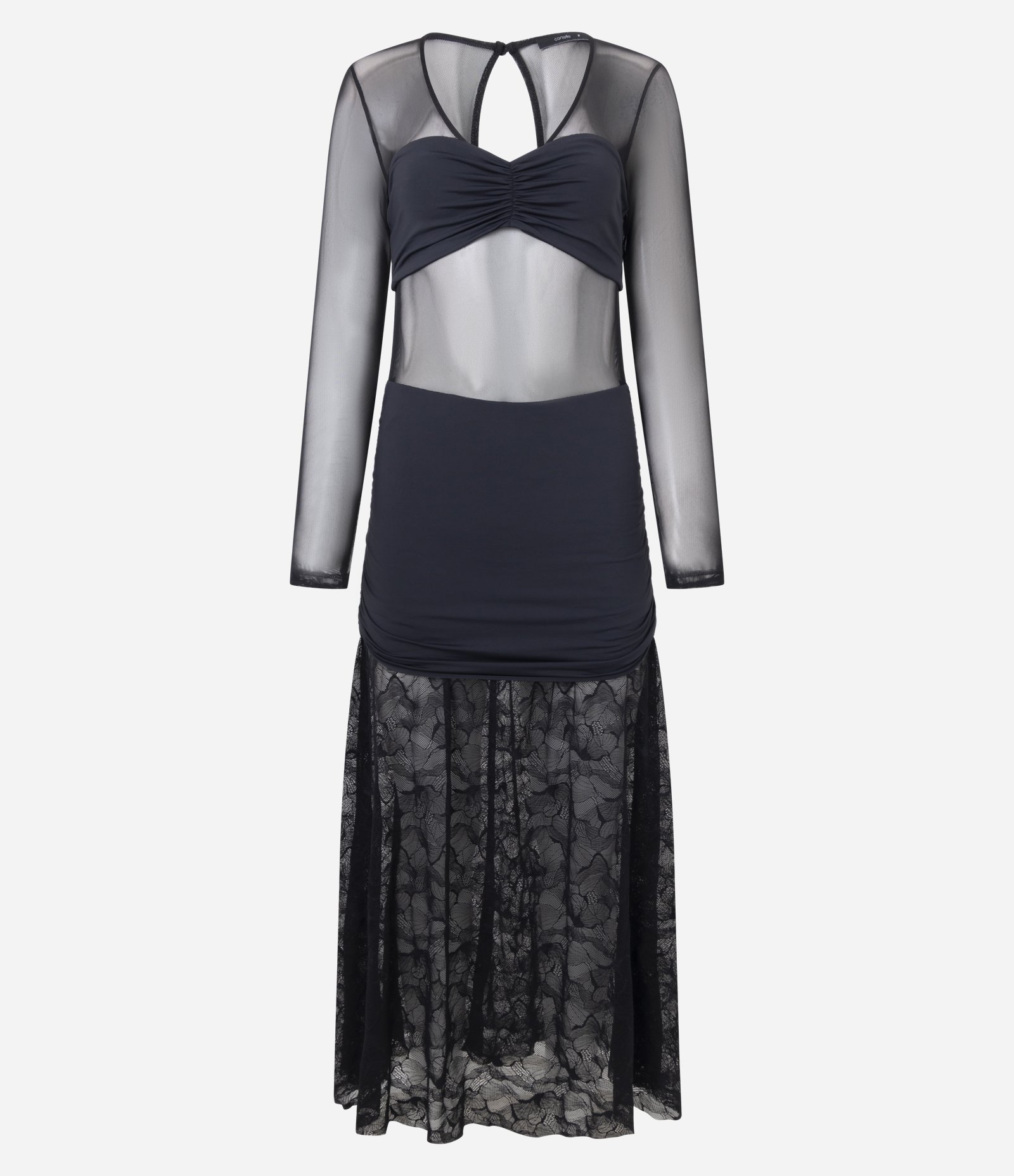 Vestido Longo com Mix de Tule e Renda Preto 4