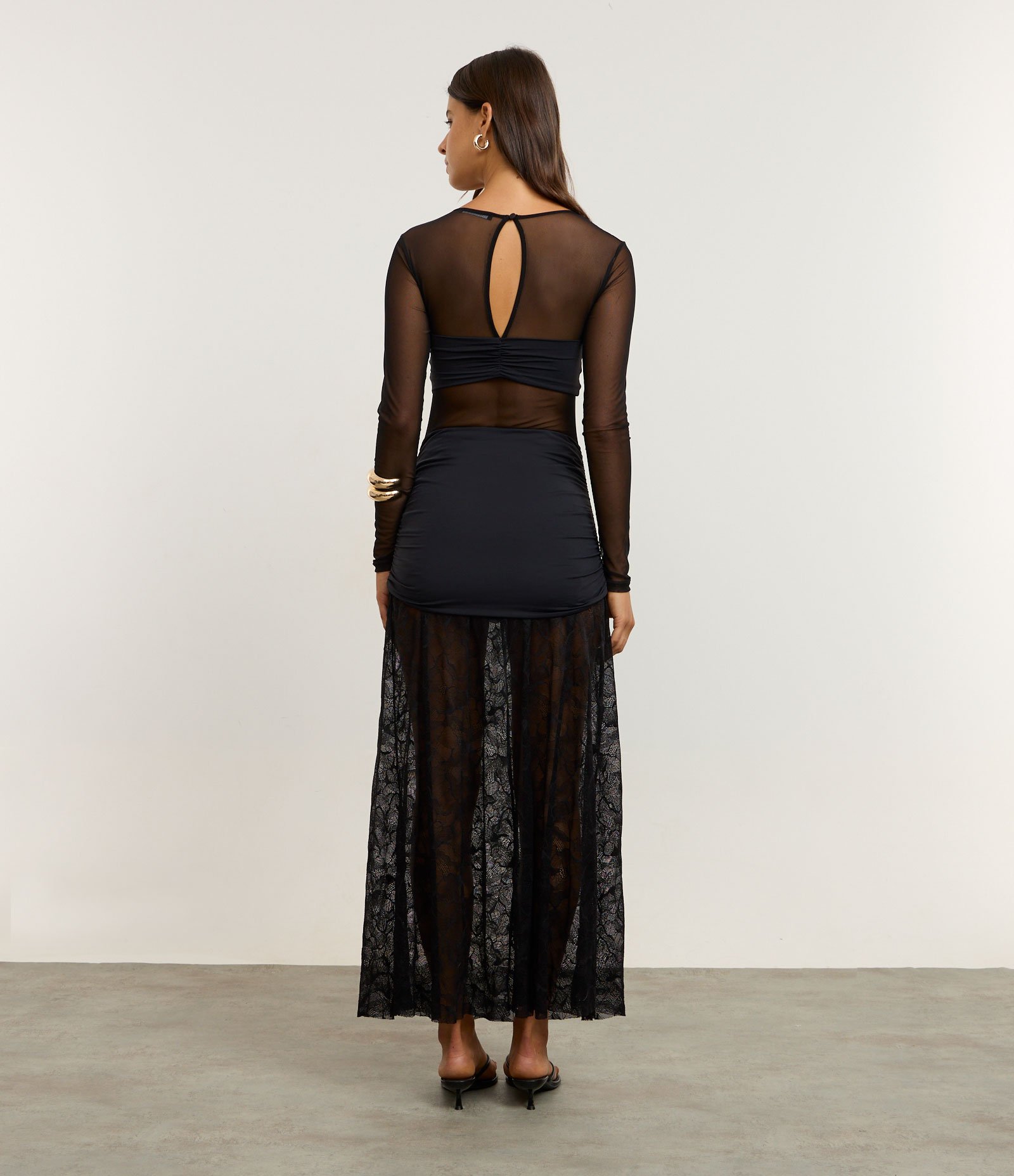 Vestido Longo com Mix de Tule e Renda Preto 3