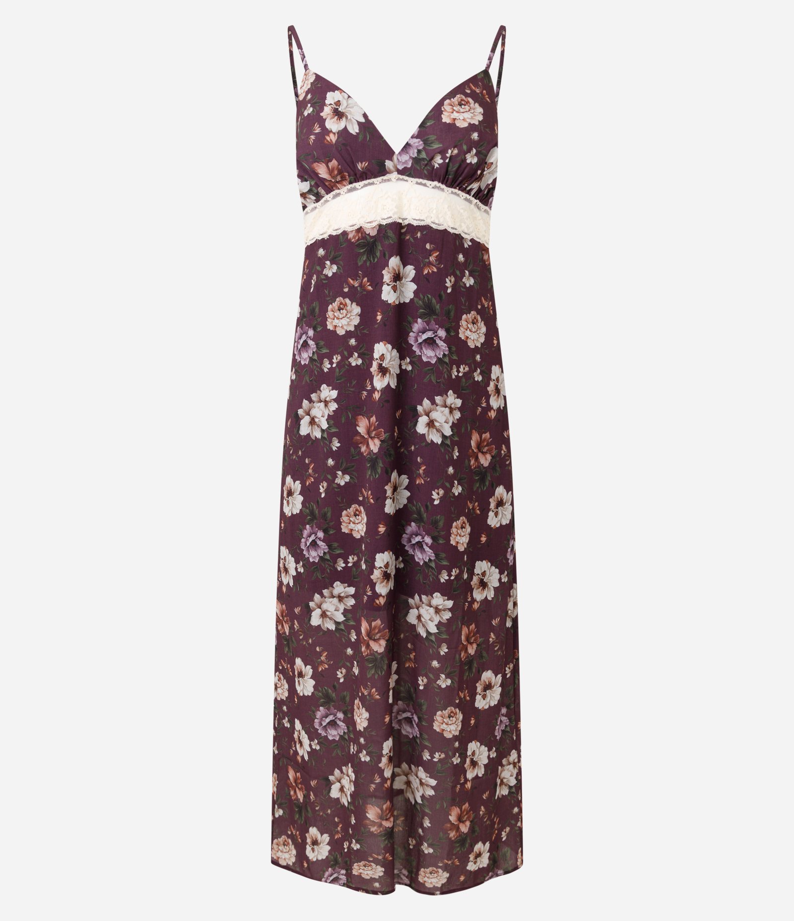 Vestido Longo de Alcinha em Chiffon com Estampa Floral e Detalhe em Renda Vinho 1