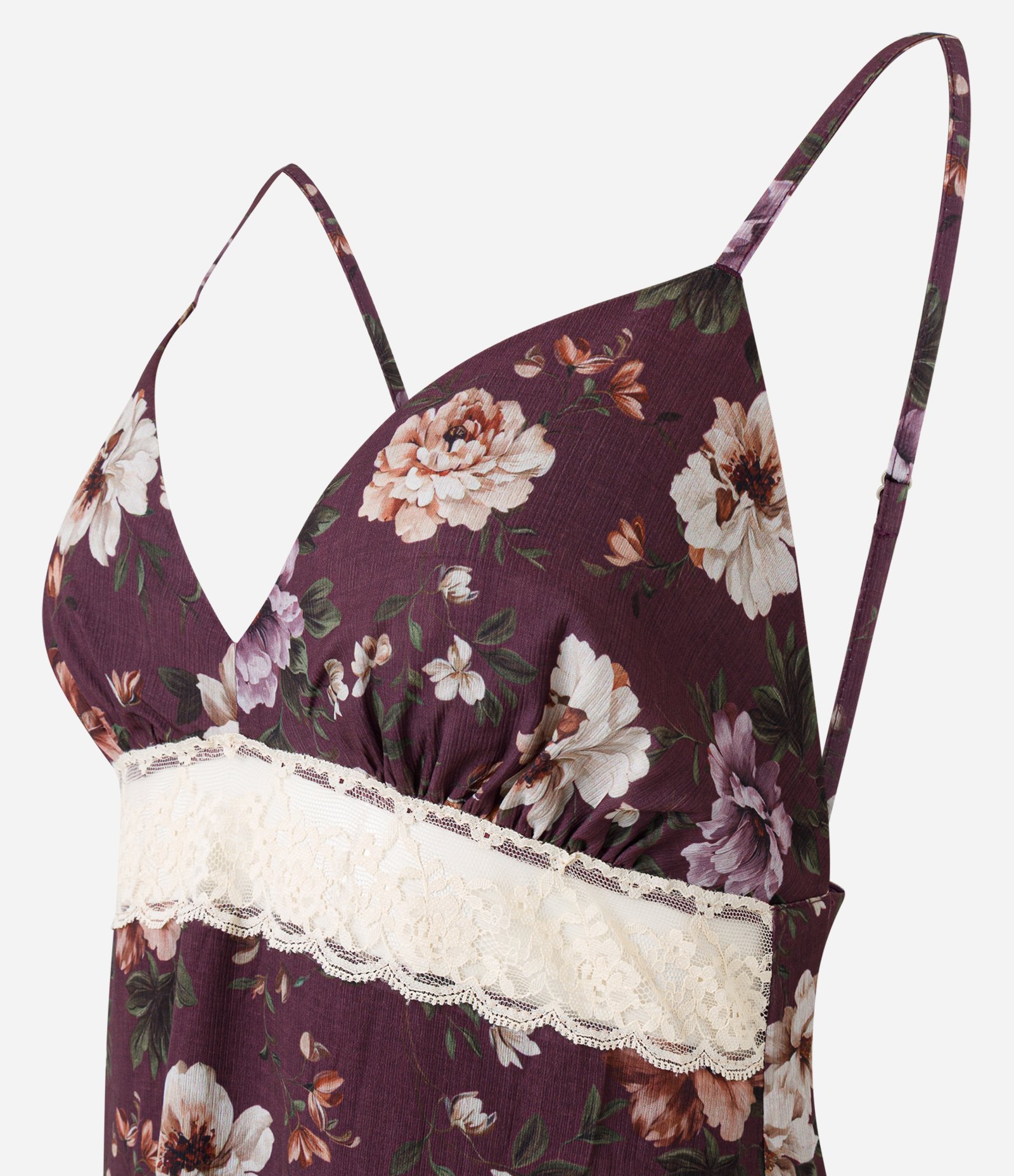 Vestido Longo de Alcinha em Chiffon com Estampa Floral e Detalhe em Renda Vinho 2