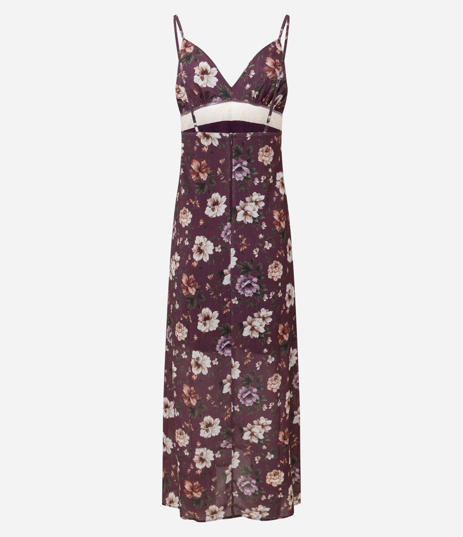 Vestido Longo de Alcinha em Chiffon com Estampa Floral e Detalhe em Renda Vinho 3