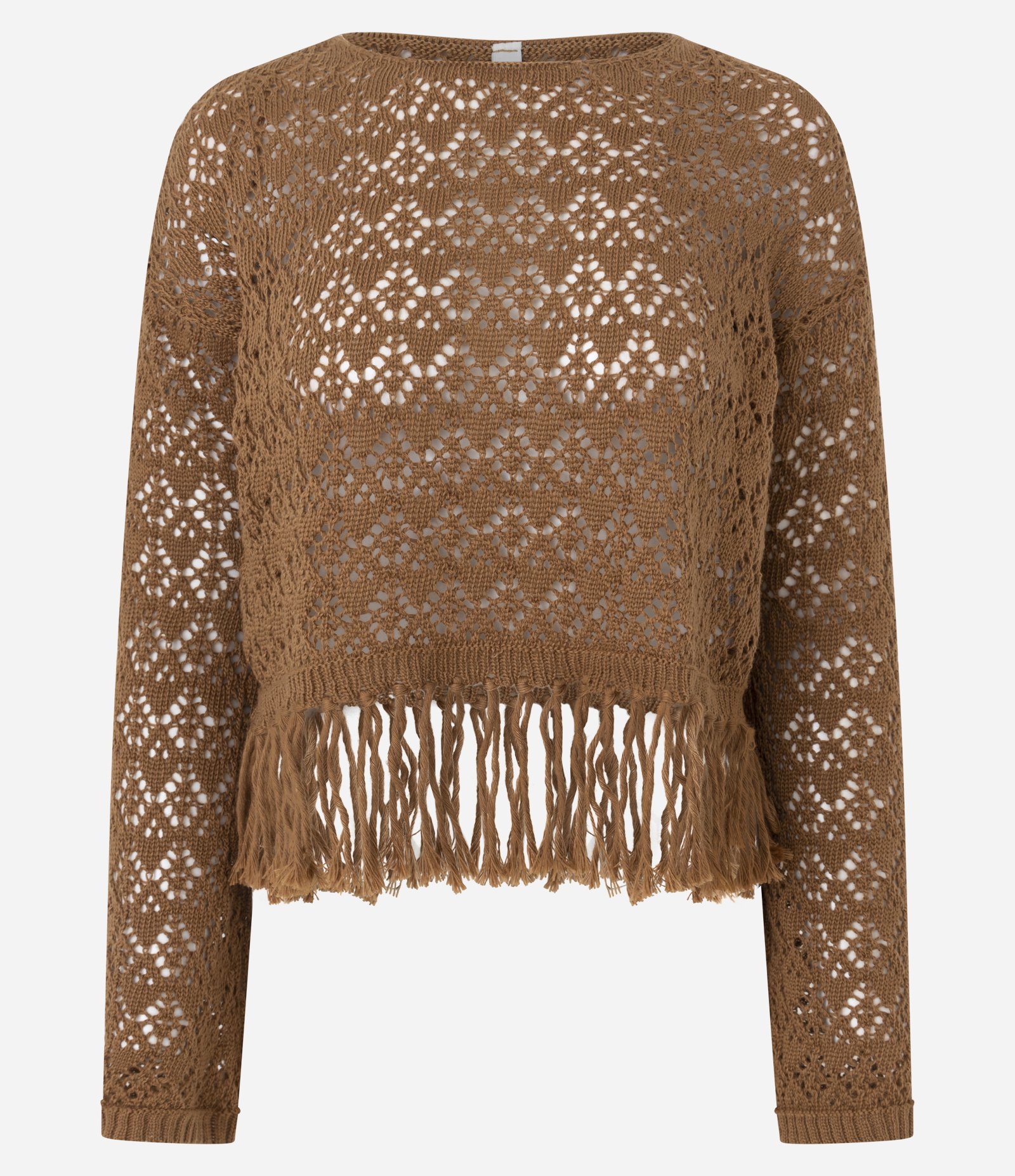 Blusa em Tricô com Ponto Aberto e Franjas na barra Marrom 1
