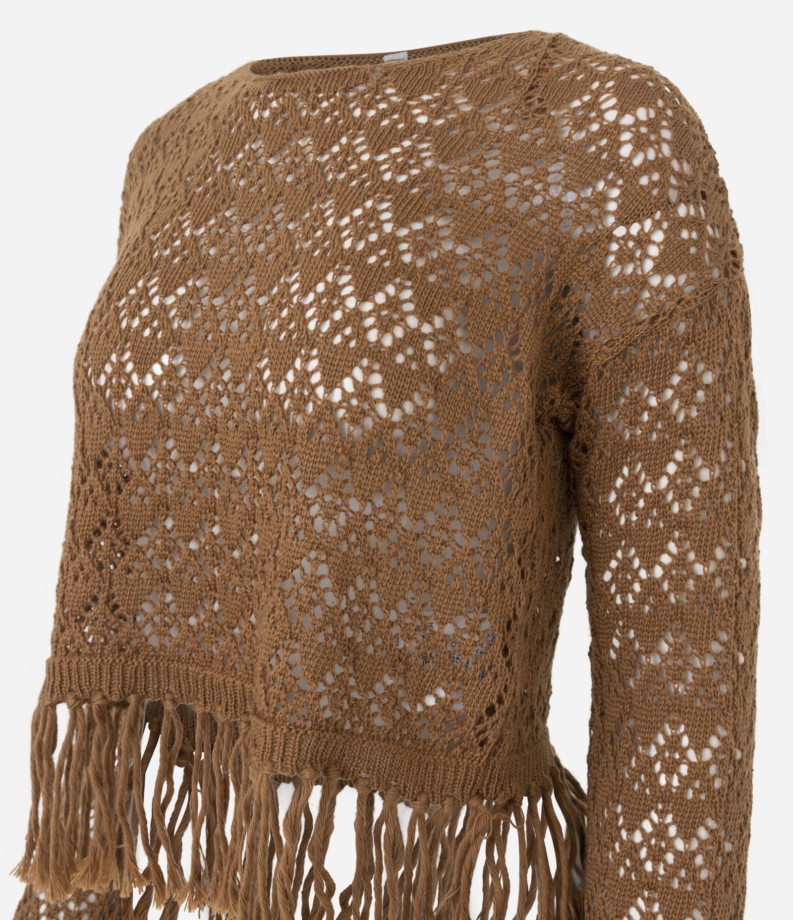 Blusa em Tricô com Ponto Aberto e Franjas na barra Marrom 2