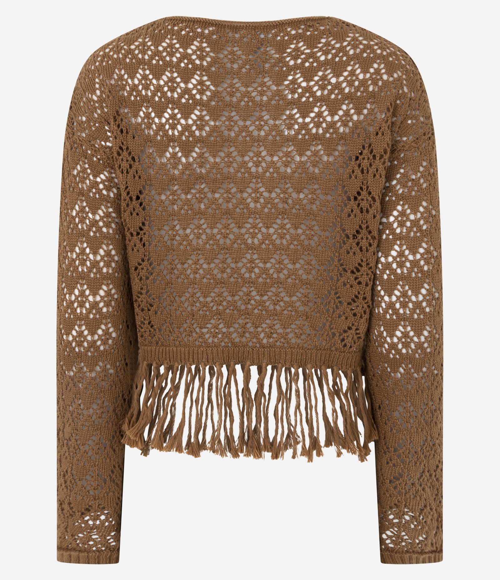 Blusa em Tricô com Ponto Aberto e Franjas na barra Marrom 3