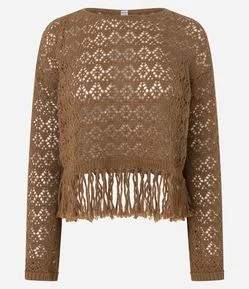 Blusa em Tricô com Ponto Aberto e Franjas na barra