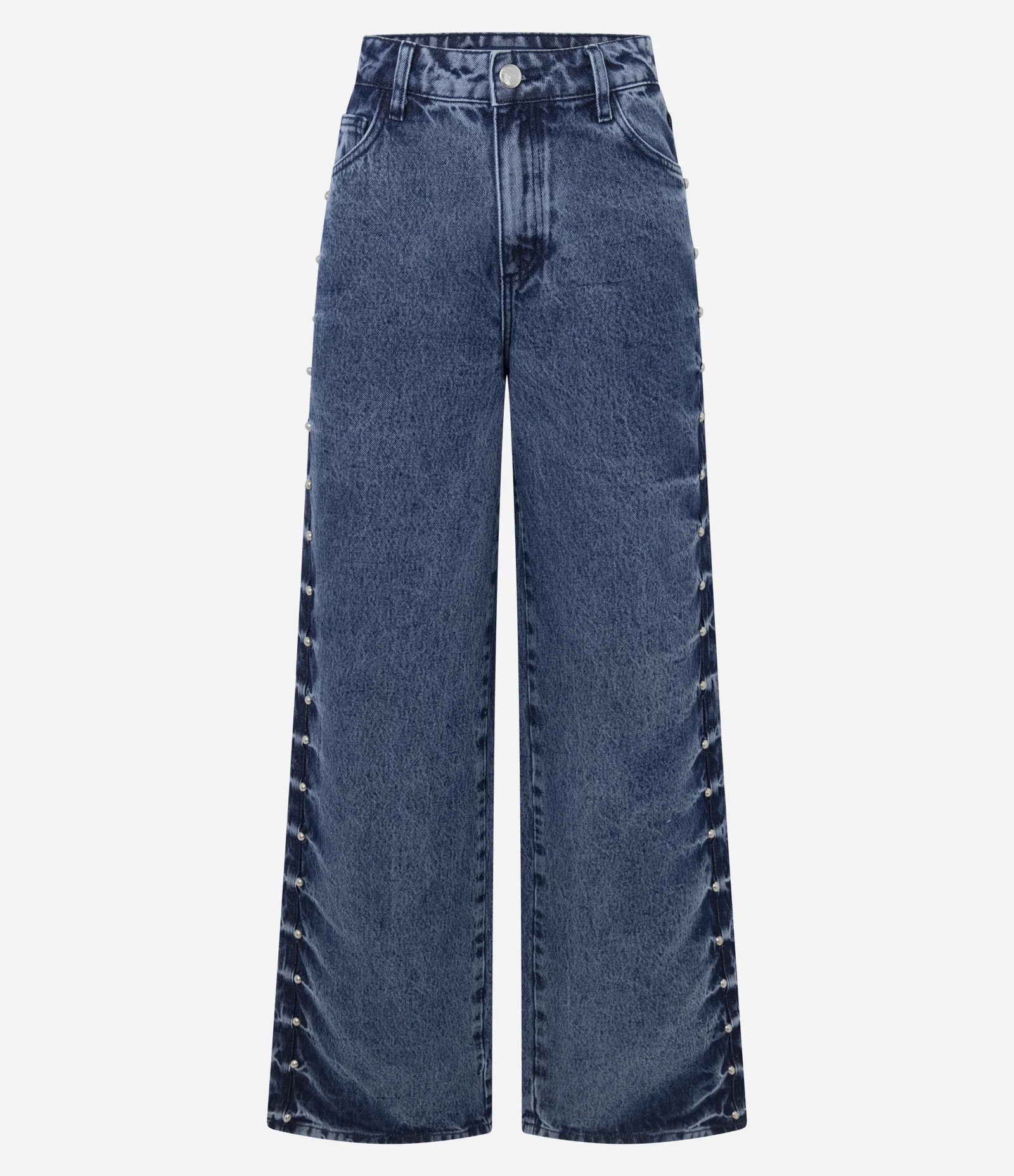Calça Wide em Jeans com Tachas Laterais e Cintura Média Azul 1