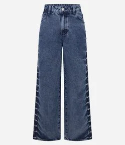 Calça Wide em Jeans com Tachas Laterais e Cintura Média