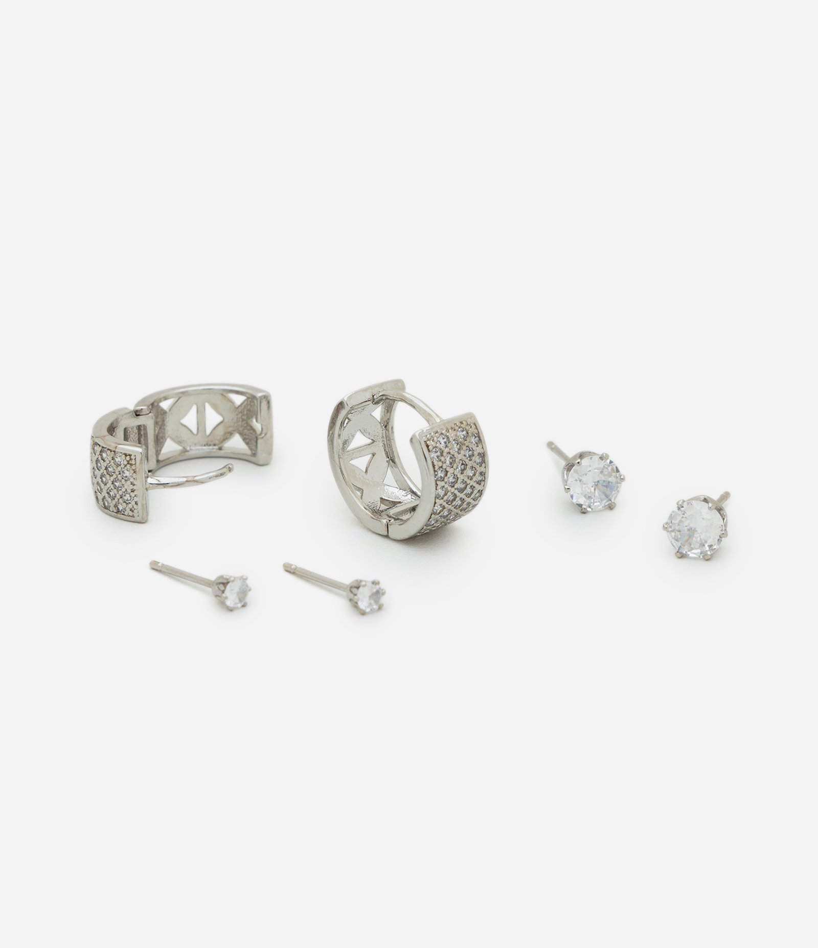 Kit 3x1 Brinco Metal Liso com Pedras Cravejadas e Brilhantes Prata 2