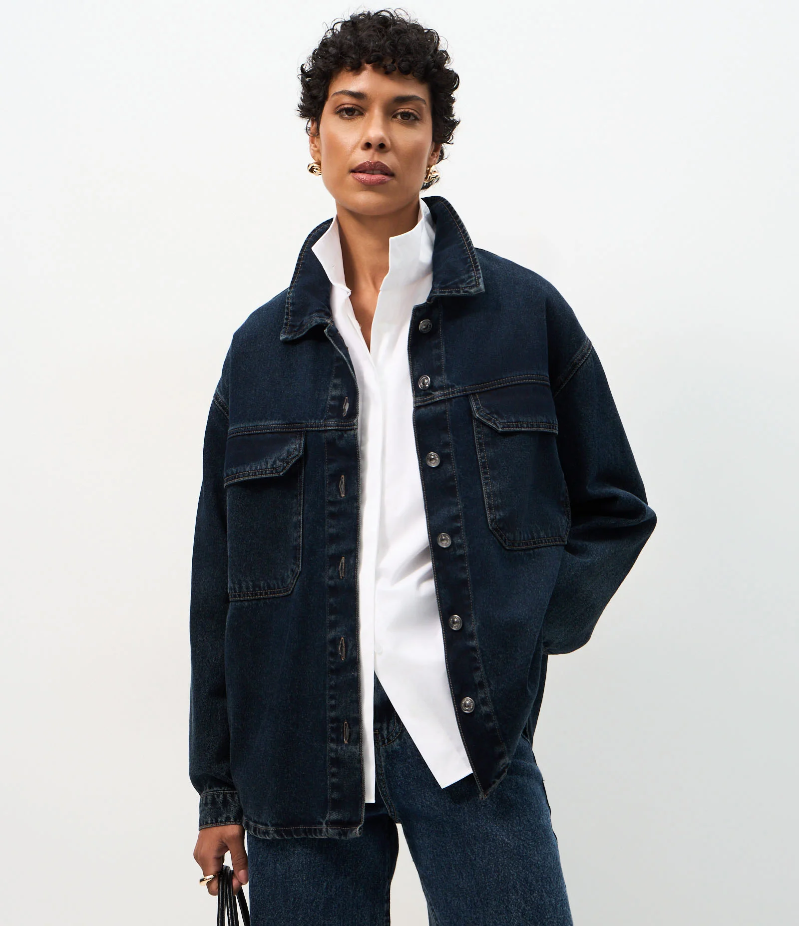 Jaqueta Overshirt em Jeans com Bolsos Frontais Azul Escuro
