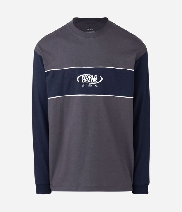 Camiseta Relaxed Manga Longa em Algodão com Recorte e Lettering