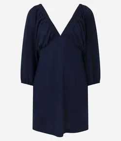 Vestido Curto Evasê com Decote V e Manga Bufante