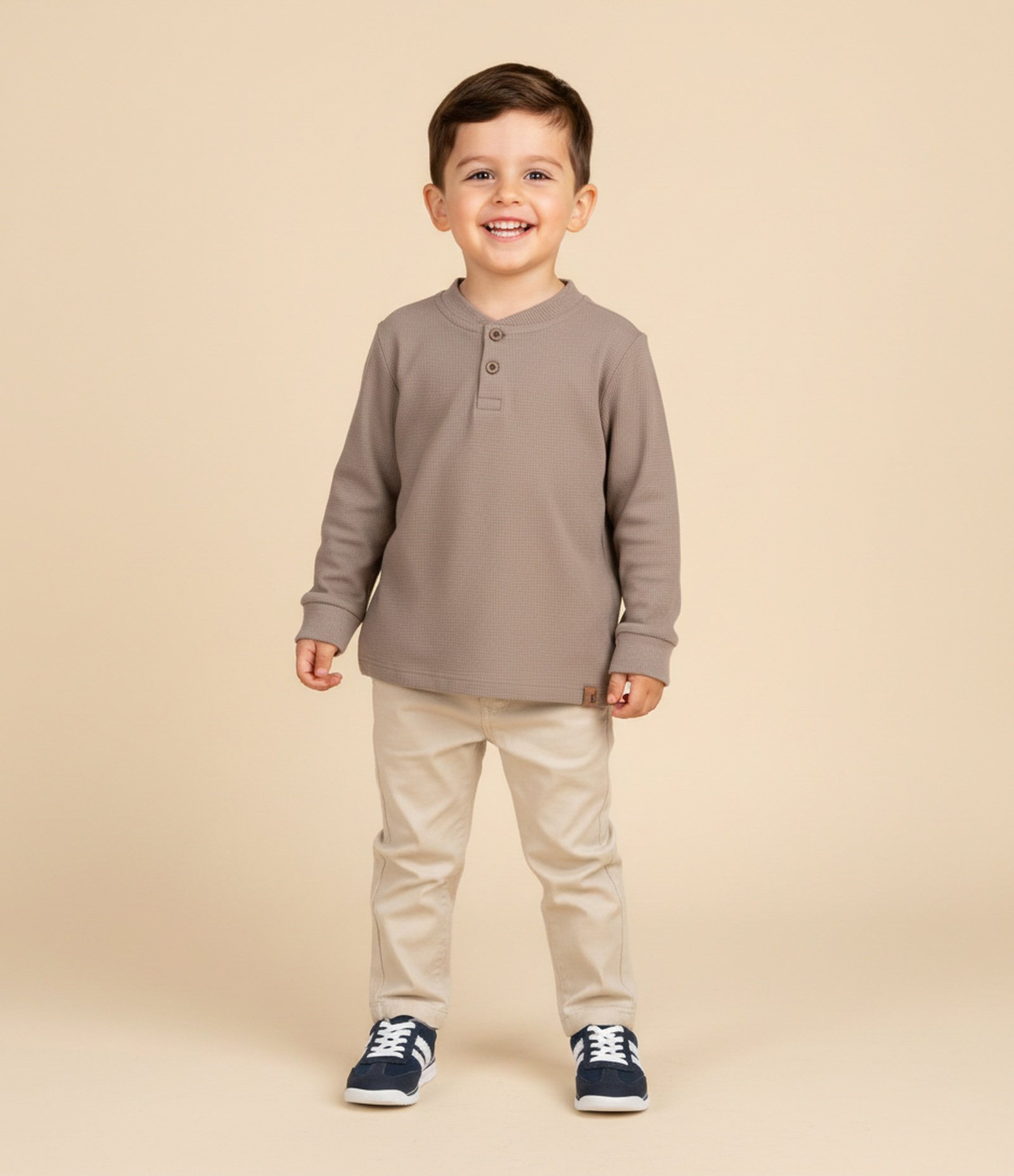 Camiseta Infantil Henley Texturizada – Tam 1 a 5/6 Anos Bege 1
