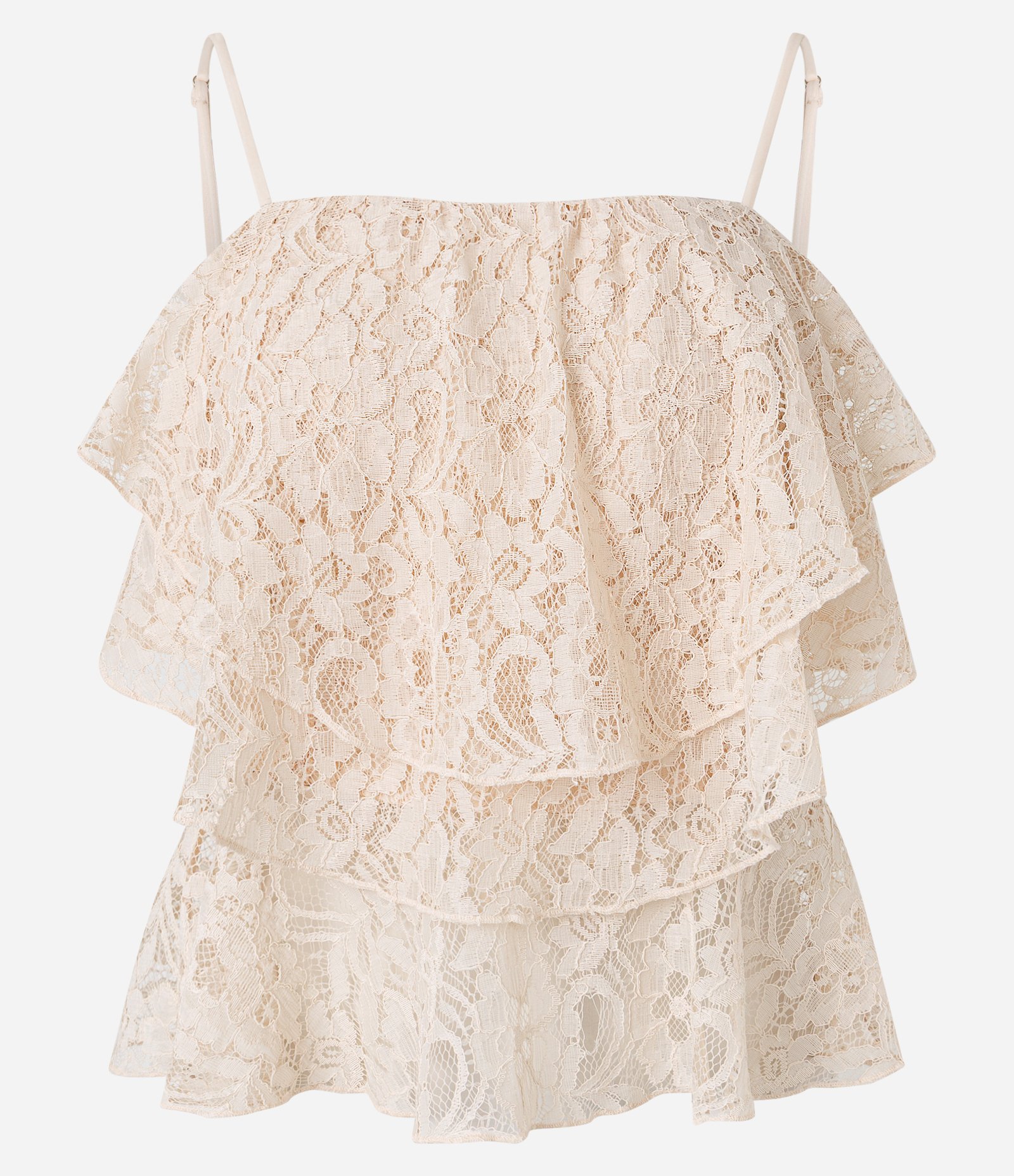 Blusa em Renda Com Babados e Alça Fina Bege 1