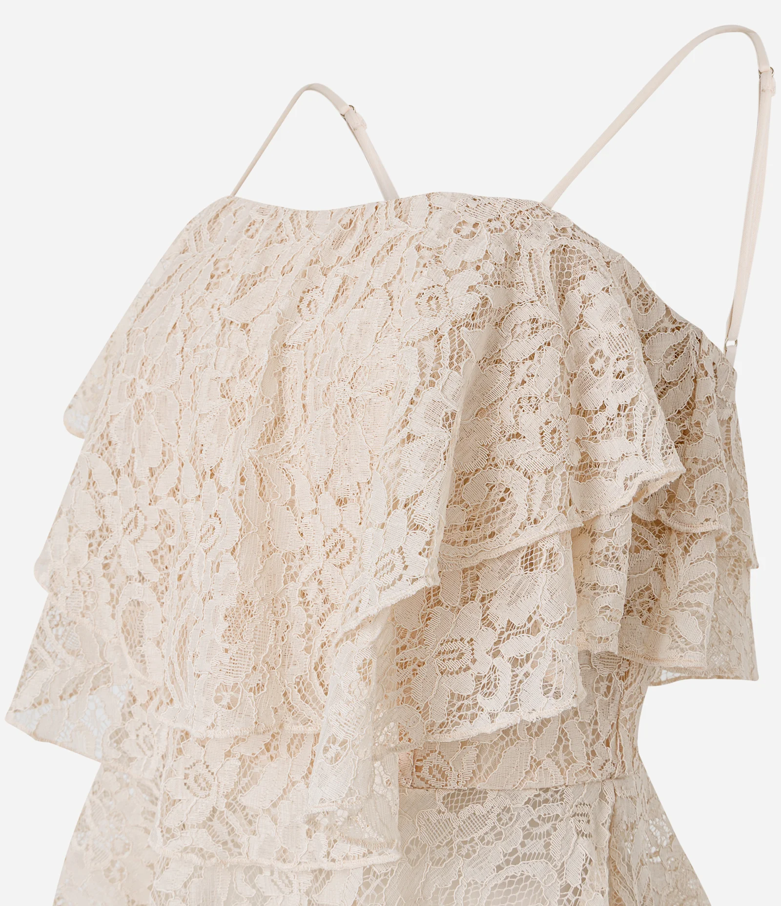 Blusa em Renda Com Babados e Alça Fina Bege 2
